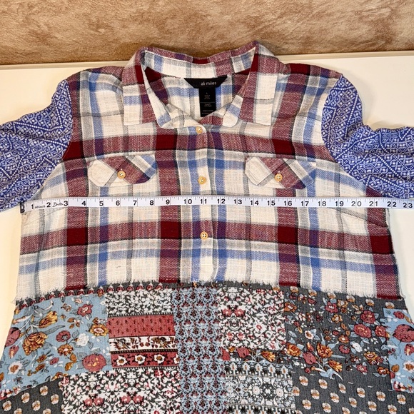 Ali Miles Patchwork Plaid Floral Oversized Boyfriend Shirt 3/4 Sleeves Sz Large - Picture 8 of 10